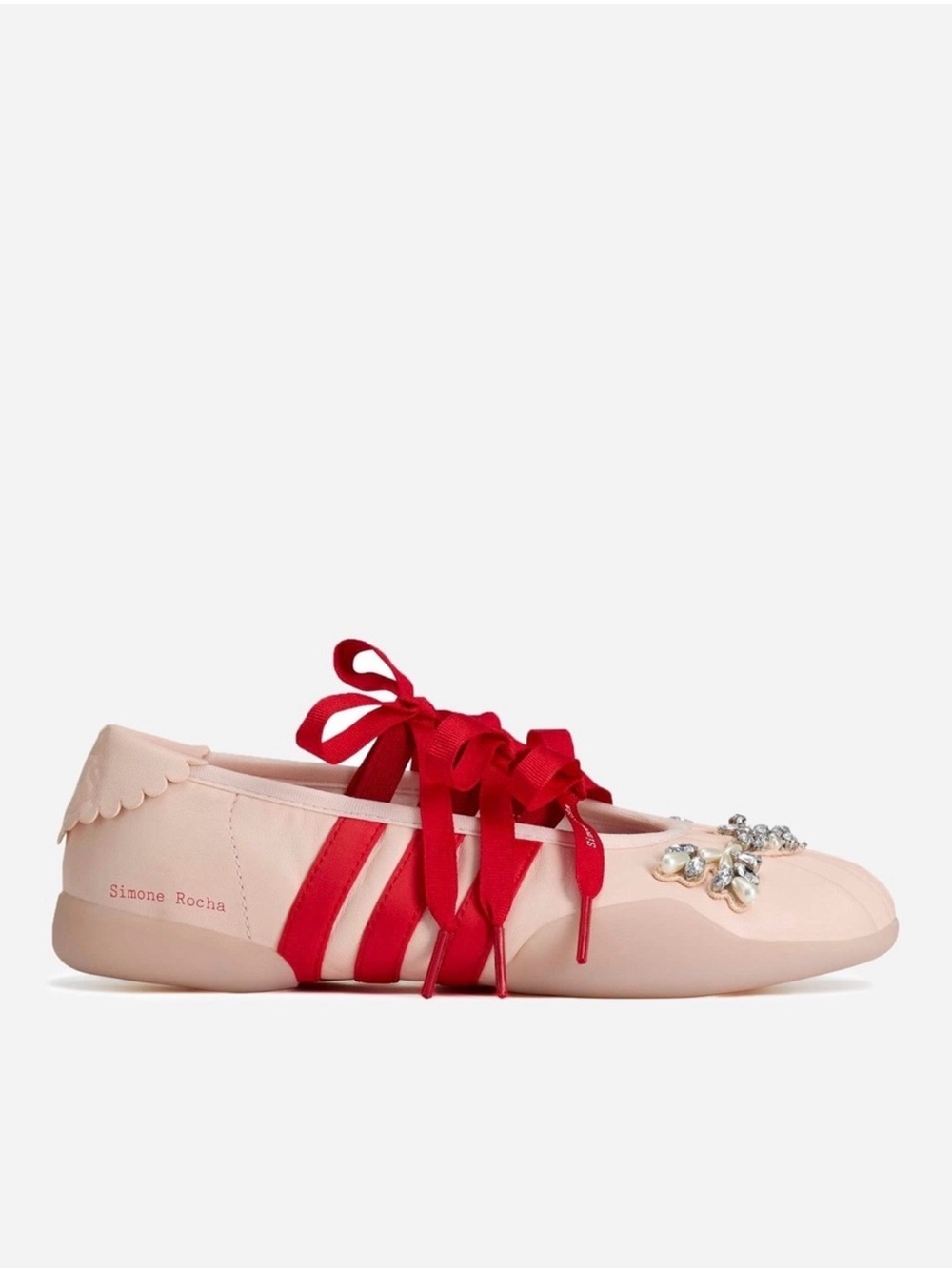 ADIDAS x Simone Rocha Pink Flats with Red Ribbon and Crystal Embellishment